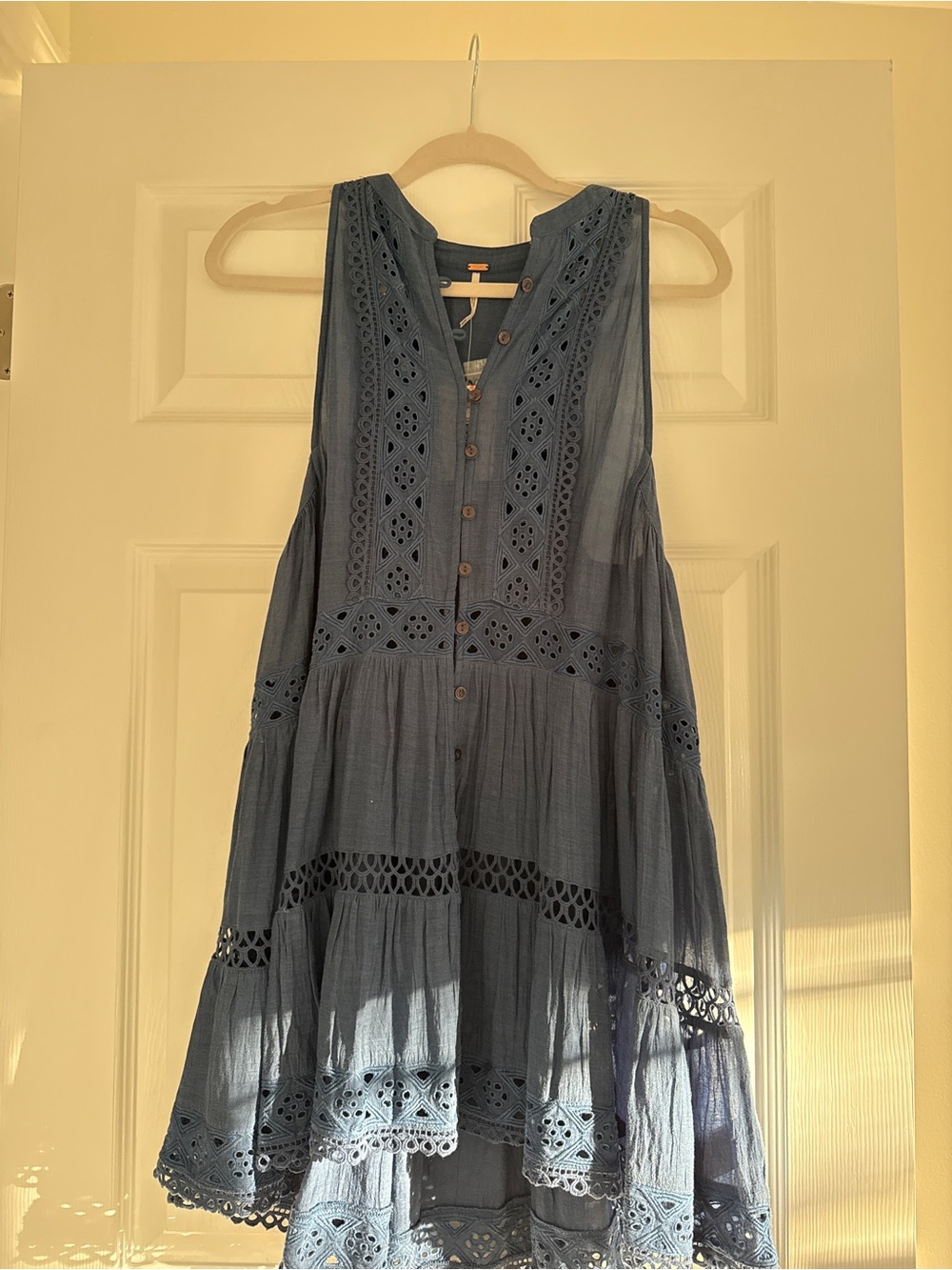 Free People Blue Crochet-Trim Button Front Blouse new with tags